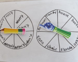 2 circles for silly sentences one with 8 contraction words, one with 8 random words