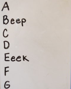 Write the word beep and eek next to B and E