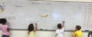 4 students at the whiteboard, writing questions actitvity