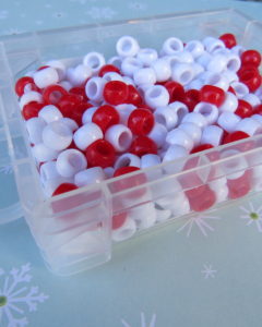 red and white beads for the candy cane ornament