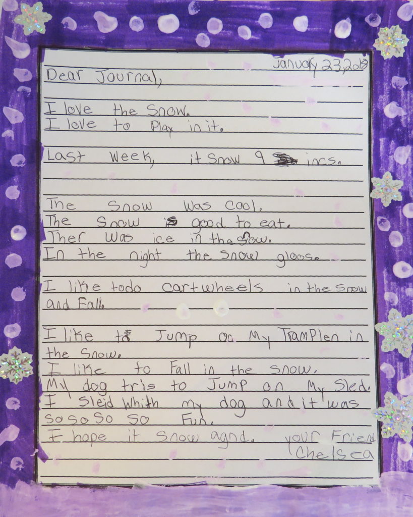A student's sample writing about snow