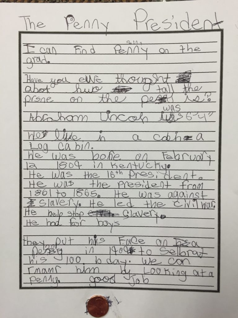 One student's writing about Abraham Lincoln, the penny president