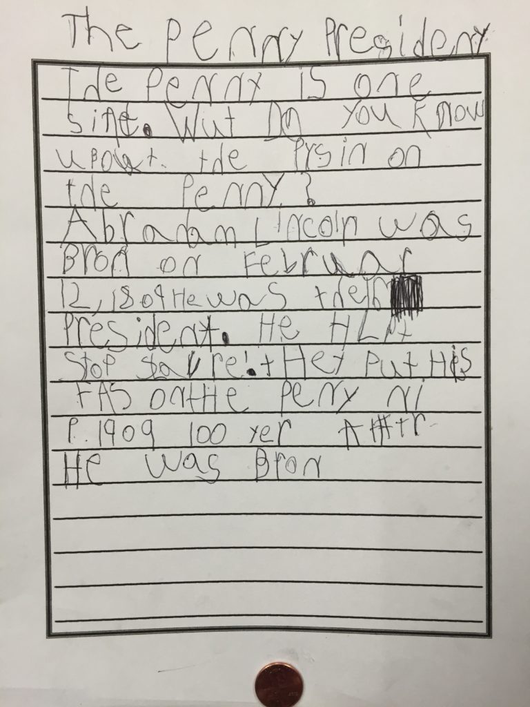 A second student's writing about Abraham Lincoln, the penny president