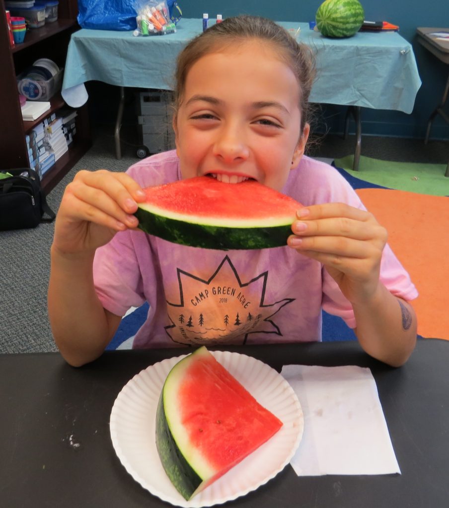 A girl eating a slice of watermelon