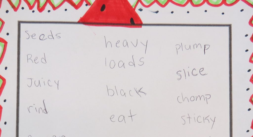 A list of descriptive words about watermelon, 5 minute writing activity