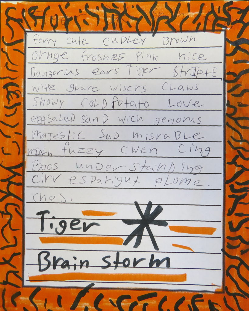 A child's list of descriptive words about tigers