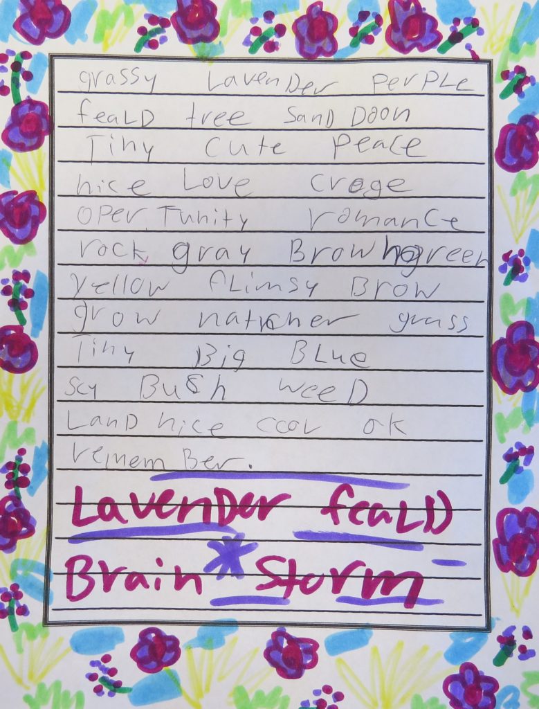 A child's list of descriptive words about lavendar