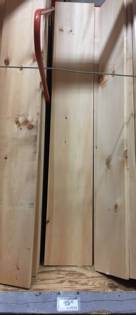 6 foot by 1 foot piece of wood at Home Depot used for the shelf building project for kids