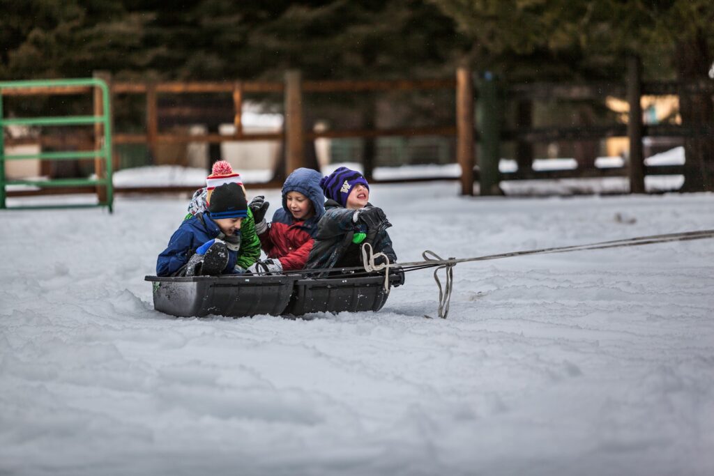 Kids sledding in the snow