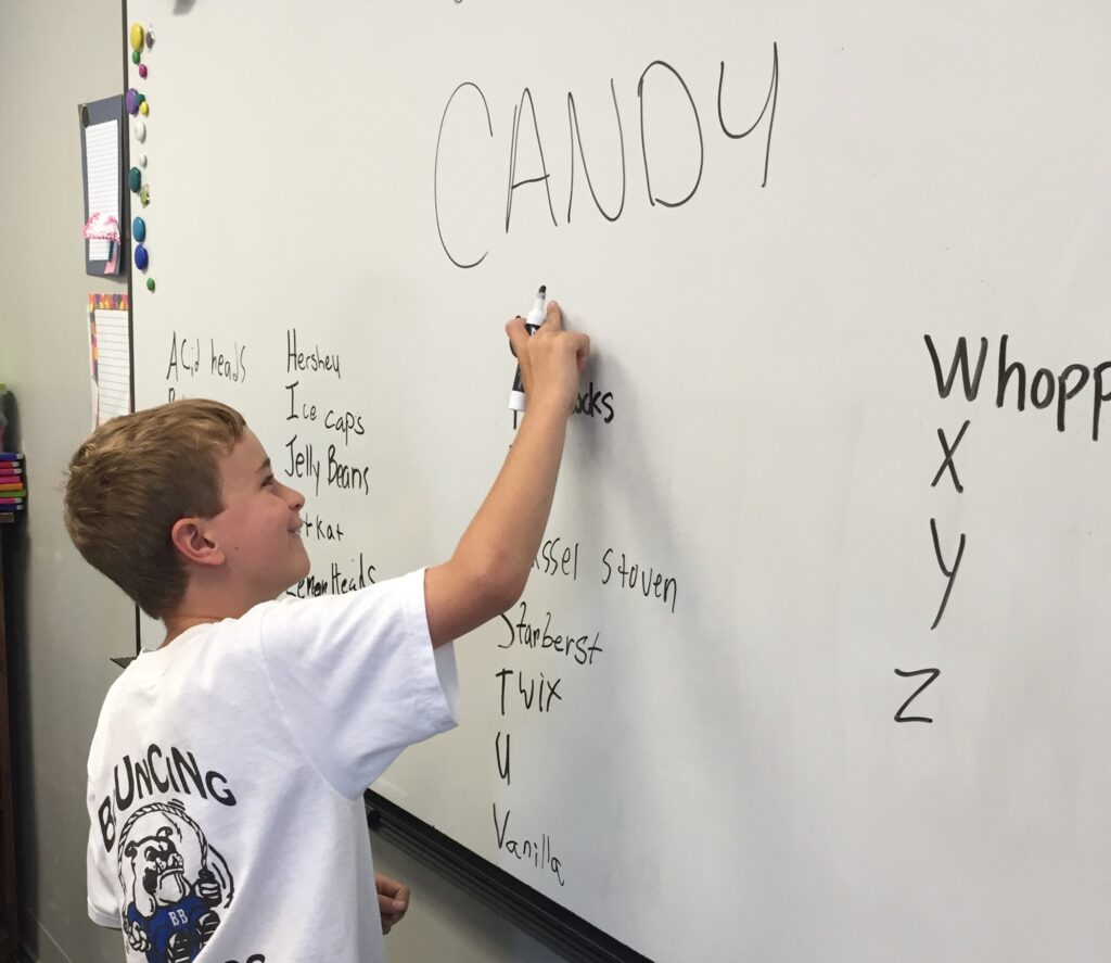 Students write a candy word next to each letter of the alphabet